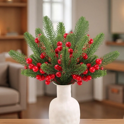 Aiguilles de Pin de Noël Artificielles Tiges de Baies Rouges Pour Décoration de Bureau à Domicile Mousse Plastique Fleur de Vacances d'Hiver