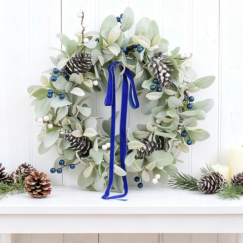Künstlicher Hasenohrgras-Kranz Mit Schnee-Kiefernzapfen Blauem Samtband Winter Weihnachten Tür- Wanddekoration Ornament