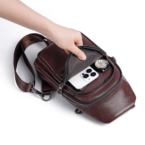 Genuine Cowhide Leather Men Chest Bag Vintage Multi Zipper Large Capacity Sling Crossbody Shoulder Bag Business Casual