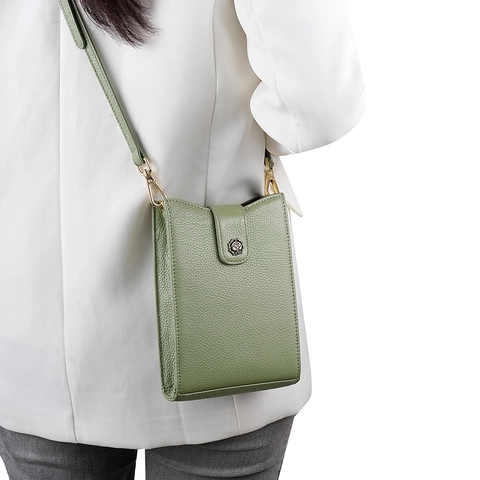 Bolso para Teléfono de Cuero Genuino para Mujer Textura Lichi Bolso Bandolera Con Hebilla de Rosa Bolso de Hombro Pequeño