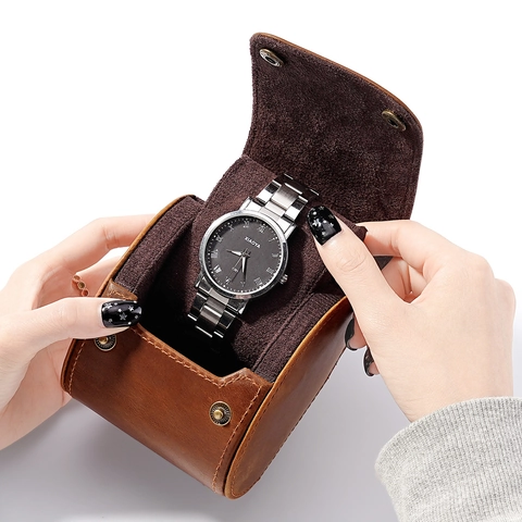 Boîte à Montre Unique en Cuir de Vachette Véritable Crazy Horse Étui de Voyage Vintage Avec Bouton-Pression en Métal Doublure en Flanelle