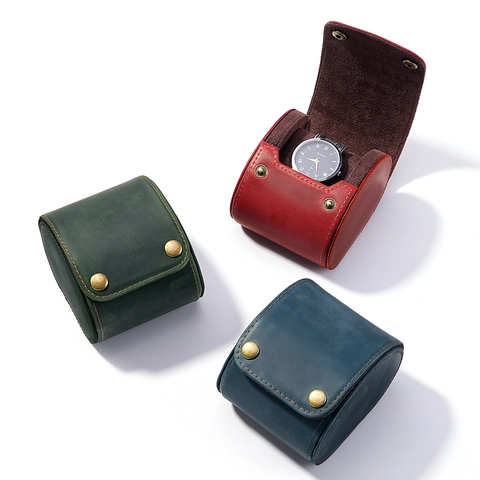 Boîte à Montre Unique en Cuir de Vachette Véritable Crazy Horse Étui de Voyage Vintage Avec Bouton-Pression en Métal Doublure en Flanelle