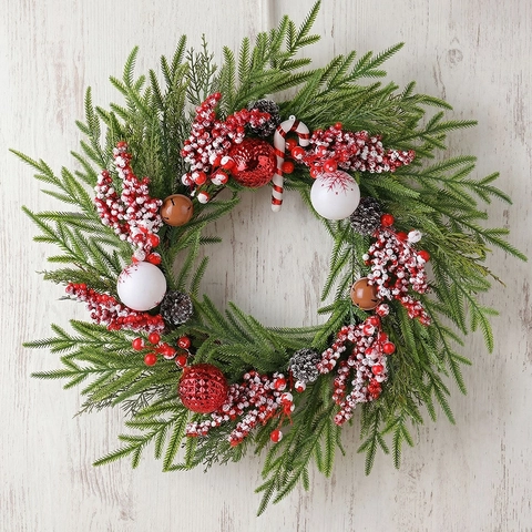 Christmas Wreath Artificial Pine Needles With Berries Candy Cane Balls Pinecones Bells For Front Door Wall Holiday Decoration