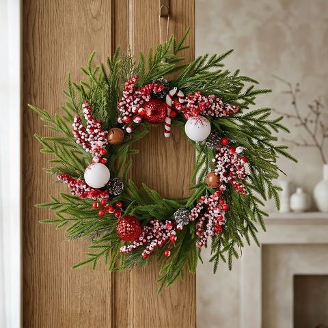 Christmas Wreath Artificial Pine Needles With Berries Candy Cane Balls Pinecones Bells For Front Door Wall Holiday Decoration