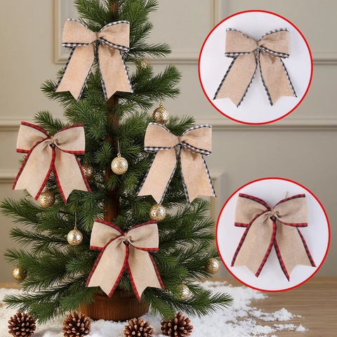 Rustikale Burlap Weihnachtsbaum Schleifen Hängende Dekoration Kariertes Band Mit Hanfseil Für Weihnachten Feiertags Haus Party Dekor
