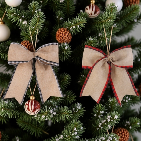 Rustikale Burlap Weihnachtsbaum Schleifen Hängende Dekoration Kariertes Band Mit Hanfseil Für Weihnachten Feiertags Haus Party Dekor