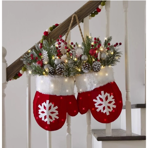 Kerst Handschoen Krans Hangende Decoratie Met LED Verlichting Kunstmatige Dennenbessen Dennenappels Sneeuwvlok Wanten