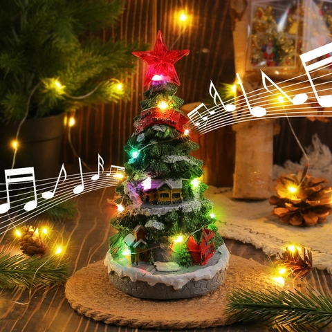 Leuchtende Weihnachtsbaum Spieluhr Harz Miniaturlandschaft Schreibtisch Ornament LED Beleuchtet Feiertagsdeko