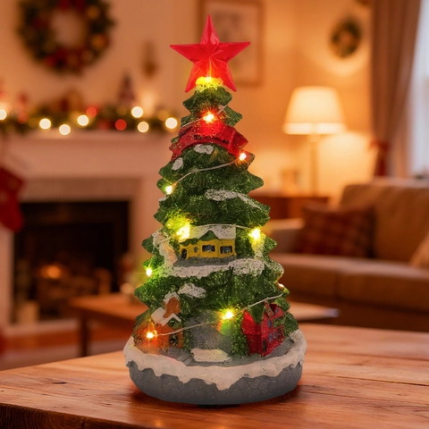 Leuchtende Weihnachtsbaum Spieluhr Harz Miniaturlandschaft Schreibtisch Ornament LED Beleuchtet Feiertagsdeko