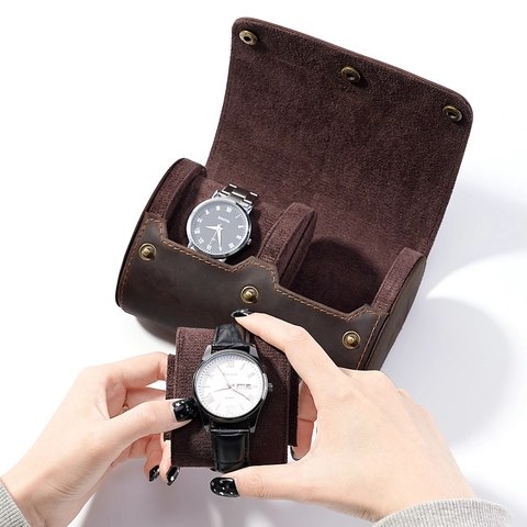 Retro Crazy Horse Echt Leer Horloge Rol Etui Draagbare Reis Horloge Opbergtas Met Metalen Drukkers Beschermende Fluwelen Binnenkant Horloge Organizer Voor Heren Dames