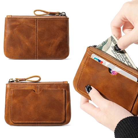 Vintage Crazy Horse Genuine Leather Coin Purse Slim Mini Wallet Zipper Cowhide Card Holder For Men Women Retro Change Pouch