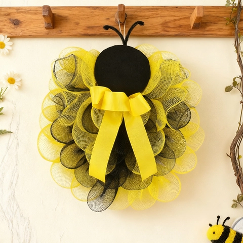 Bee Mesh Wreath Decoration Yellow Black Stripe Bee Festival Wreath With Bow For Easter Spring Courtyard Door Wall Decor