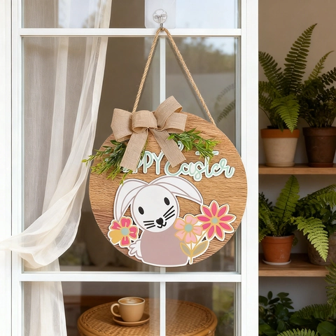 Targa Appesa in Legno Happy Easter Con Motivo Coniglio Fiori Fiocco di Lino Piante Artificiali Decorazione Parete Casa