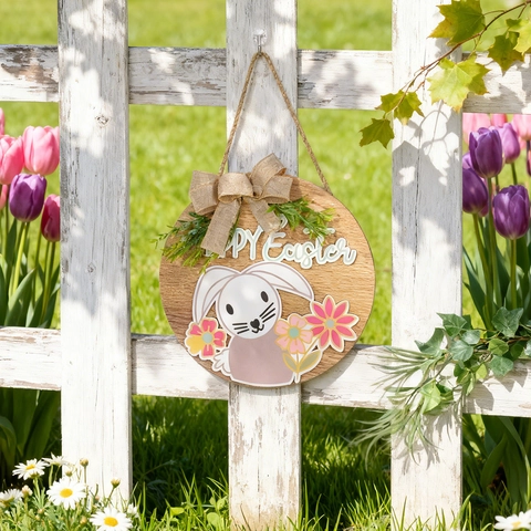 Targa Appesa in Legno Happy Easter Con Motivo Coniglio Fiori Fiocco di Lino Piante Artificiali Decorazione Parete Casa