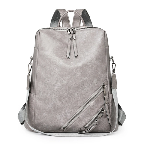 Vintage PU Leather Backpack For Women Large Capacity Waterproof Retro Multi Zipper Fashion Casual Travel Shoulder Bag