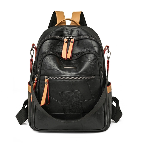 Fashion Women PU Leather Patchwork Backpack Multi-pocket Casual Travel Ladies Rucksack Lightweight Simple Female Schoolbag