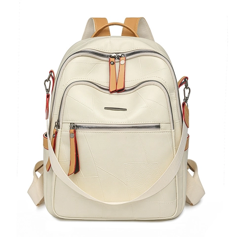 Fashion Women PU Leather Patchwork Backpack Multi-pocket Casual Travel Ladies Rucksack Lightweight Simple Female Schoolbag