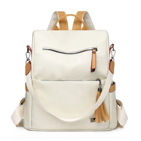 Fashion Backpack For Women PU Leather Geometric Patchwork Large Capacity Anti-Theft Travel Bookbag With Tassel Decor