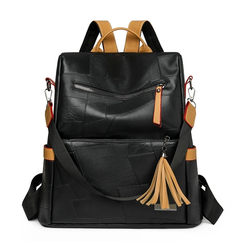 Fashion Backpack For Women PU Leather Geometric Patchwork Large Capacity Anti-Theft Travel Bookbag With Tassel Decor