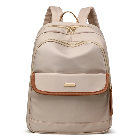 Sac À Dos En Nylon Pour Femme Grande Capacité Multi-Poches Sac D'École De Voyage Avec Garniture En Cuir Brun