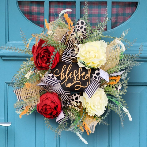 Blessed Artificial Peony Flower Wreath For Front Door Red Cream Wall Hanging Floral Wreath With Leopard Striped Ribbon Home Decor