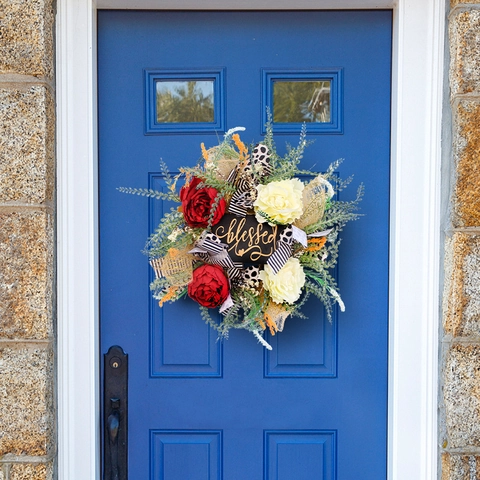 Blessed Artificial Peony Flower Wreath For Front Door Red Cream Wall Hanging Floral Wreath With Leopard Striped Ribbon Home Decor