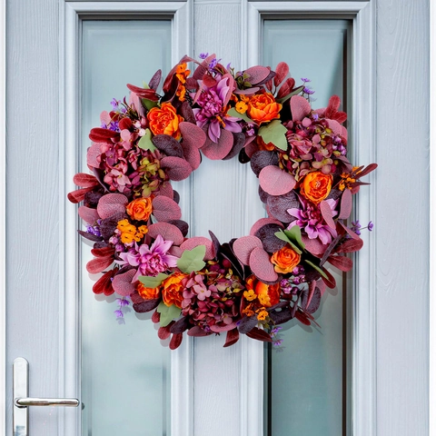 Autumn Artificial Floral Wreath For Front Door Decor Silk Cloth Dark Leaf Rose Hydrangea Wreath Home Wall Hanging Ornament
