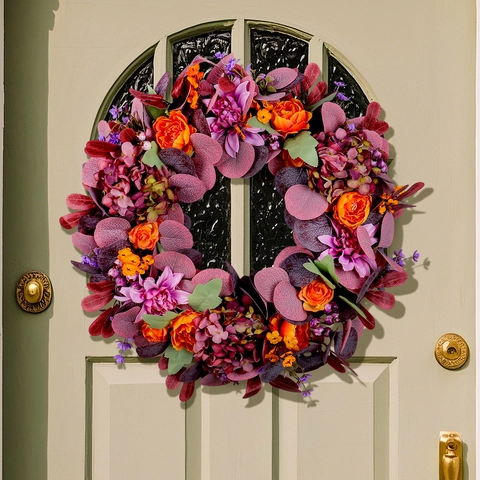 Autumn Artificial Floral Wreath For Front Door Decor Silk Cloth Dark Leaf Rose Hydrangea Wreath Home Wall Hanging Ornament