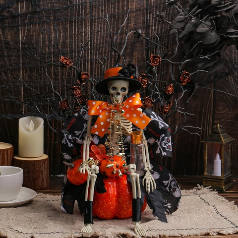 Halloween Skeleton Pumpkin Ornament Gothic Horror Skull Statue Sitting On Pumpkin With Hat Bow Tie For Home Party Decor