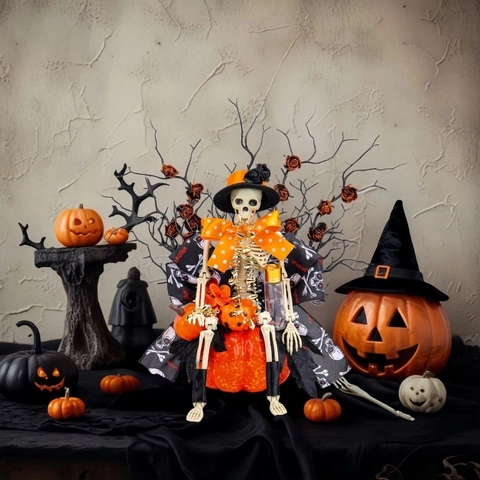 Halloween Skeleton Pumpkin Ornament Gothic Horror Skull Statue Sitting On Pumpkin With Hat Bow Tie For Home Party Decor