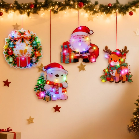 Festive Christmas LED Glowing Hanging Decoration Santa Claus Elk Bear Wreath Pattern Window Door Ornament Home Decor