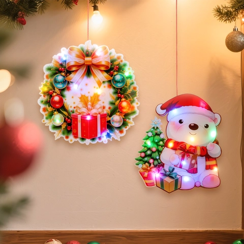 Festive Christmas LED Glowing Hanging Decoration Santa Claus Elk Bear Wreath Pattern Window Door Ornament Home Decor
