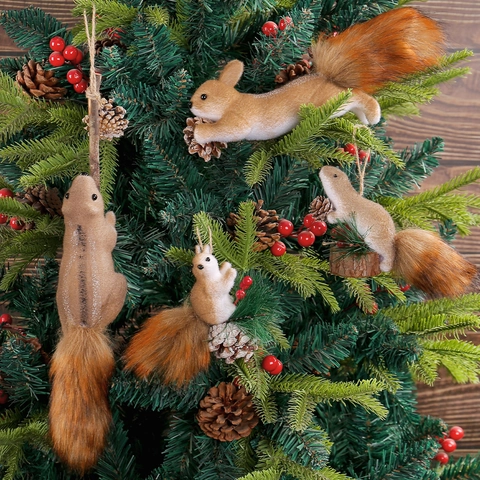 Addobbi Scoiattolo Realistici Finta Pelliccia Pigna Statuette Animali Foresta Decorazioni Albero Natale Rustiche