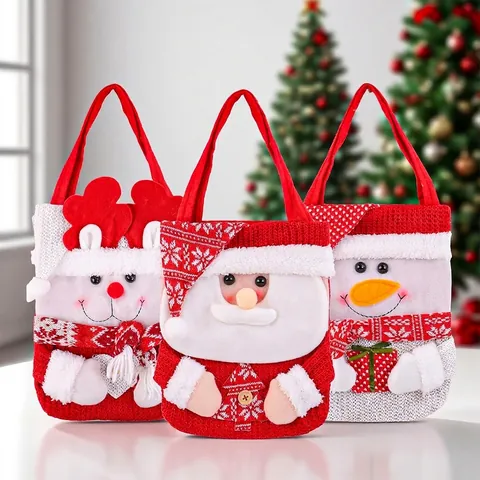 Christmas Knit Gift Candy Bag Cute Cartoon Santa Snowman Reindeer Handbag For Holiday Party Decorative Gift Packing Bag