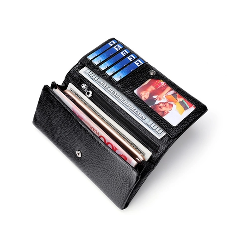 Portafoglio Lungo Da Donna In Vera Pelle Grana Litchi Grande Capacità Porta Carte Tasca Per Telefono Blocco RFID Clutch