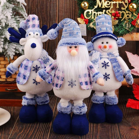 Muñeca de Peluche de Navidad a Cuadros Azul Blanco Con Piernas Retráctiles Papá Noel Reno Muñeco de Nieve