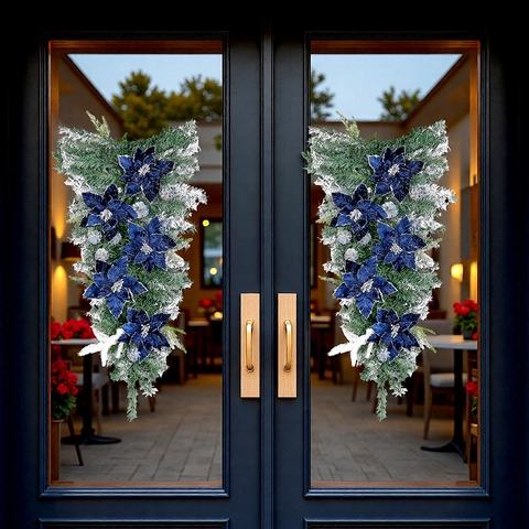 Goccia Di Natale Decorazione Porta Poinsettia Di Velluto Blu Scuro Aghi Di Pino Ghiacciati Pigne Argento Arredamento