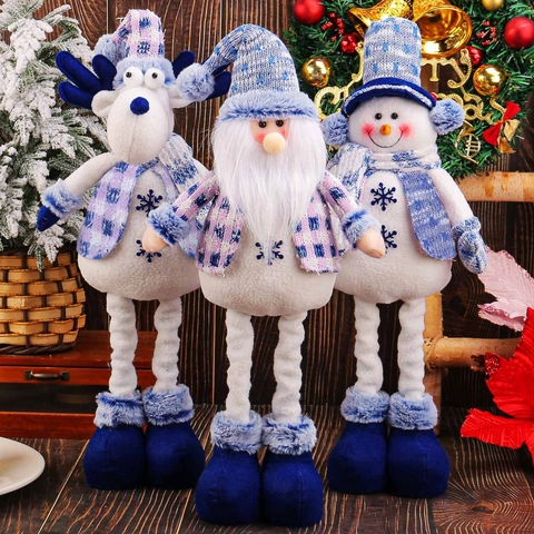 Muñeca de Peluche de Navidad a Cuadros Azul Blanco Con Piernas Retráctiles Papá Noel Reno Muñeco de Nieve
