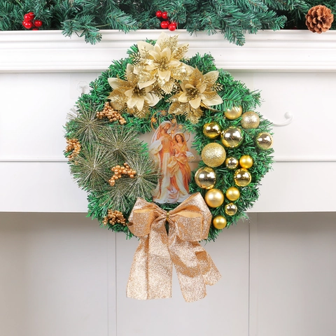 Christmas Wreath With LED Lantern Artificial Pine Needles Poinsettia Bow Ornaments For Front Door Window Holiday Home Decoration