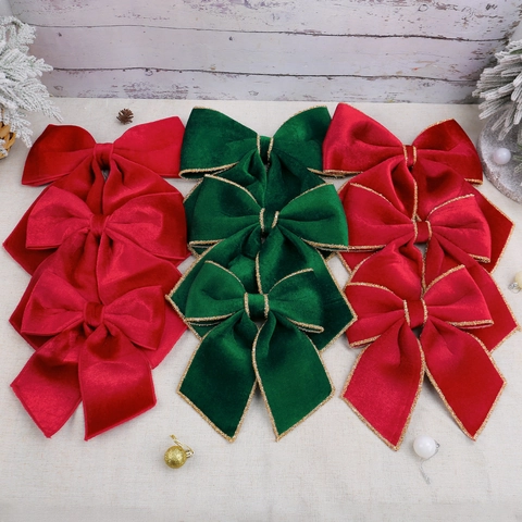 Fiocco di Velluto Festivo Decorazione Rosso Verde Con Bordo Glitterato Oro Per Albero di Natale Casa Festa Matrimonio