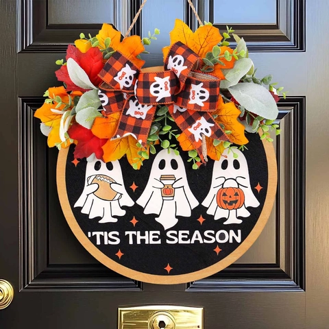 Plaque de Porte en Bois Fantôme d'Halloween Avec Feuilles d'Érable et Nœud Plaid Plaque Suspendue Ronde Fantôme pour Maison