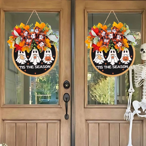 Plaque de Porte en Bois Fantôme d'Halloween Avec Feuilles d'Érable et Nœud Plaid Plaque Suspendue Ronde Fantôme pour Maison