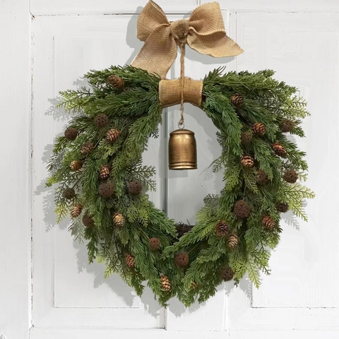 Artificial Cedar Christmas Wreath With Pinecones Metal Bell And Burlap Bow Front Door Hanging Greenery Holiday Decor Rustic