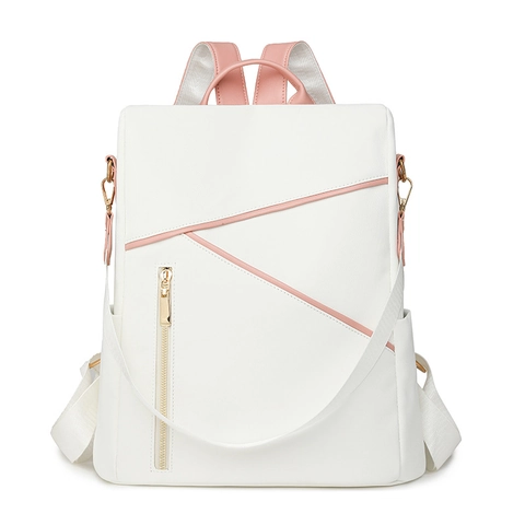 Mochila De Cuero PU Para Mujer Gran Capacidad Color De Contraste Geométrico Antirrobo Bolsas Escolares Para Estudiantes