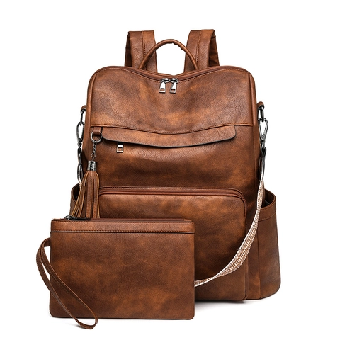 Set Zaino Donna in Pelle PU Vintage Con Nappa Tracolla Intrecciata Borsa a Spalla Laptop Business Viaggio E Astuccio
