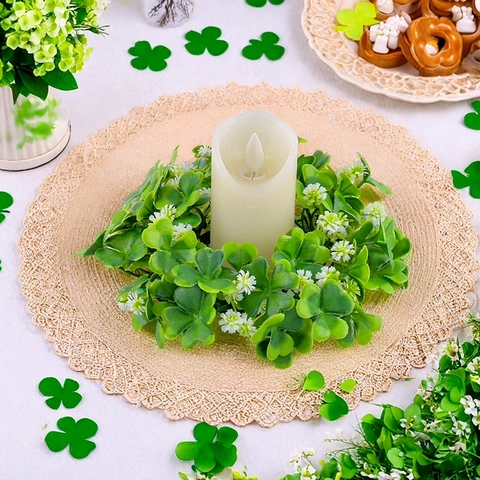 Anneau De Bougie Trèfle Couronne De Trèfle Vert Artificiel Avec Fleurs Blanches Pour Décoration De Table Saint Patrick