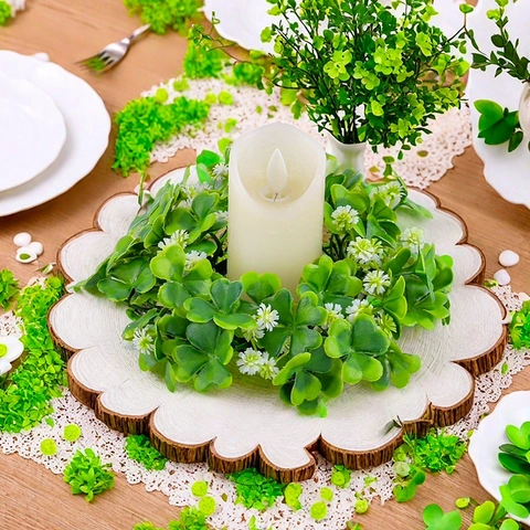 Anneau De Bougie Trèfle Couronne De Trèfle Vert Artificiel Avec Fleurs Blanches Pour Décoration De Table Saint Patrick