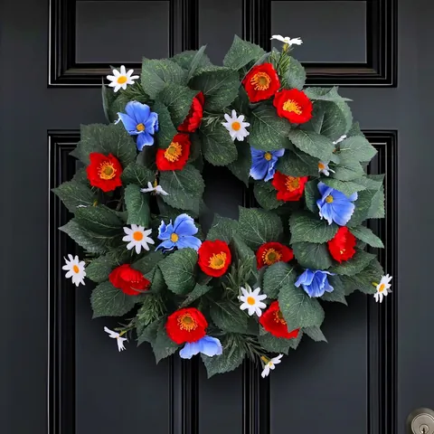 Independence Day Wreath Artificial Flowers Leaves Red Blue White Patriotic Door Wall Hanging Decoration Home Festival