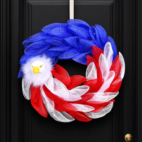 Patriotic Bald Eagle Wreath American Flag Red White Blue Mesh Garland For Independence Day 4th July Front Door Hanging Decor