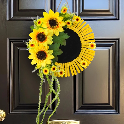 Sunflower Artificial Wreath Farmhouse Wall Decor With Wooden Clips And Cat Silhouette Flower Market Sign Door Hanging Ornament